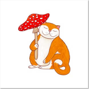 Cute Cat with Fly Agaric Mushroom Umbrella Graphic Design Posters and Art